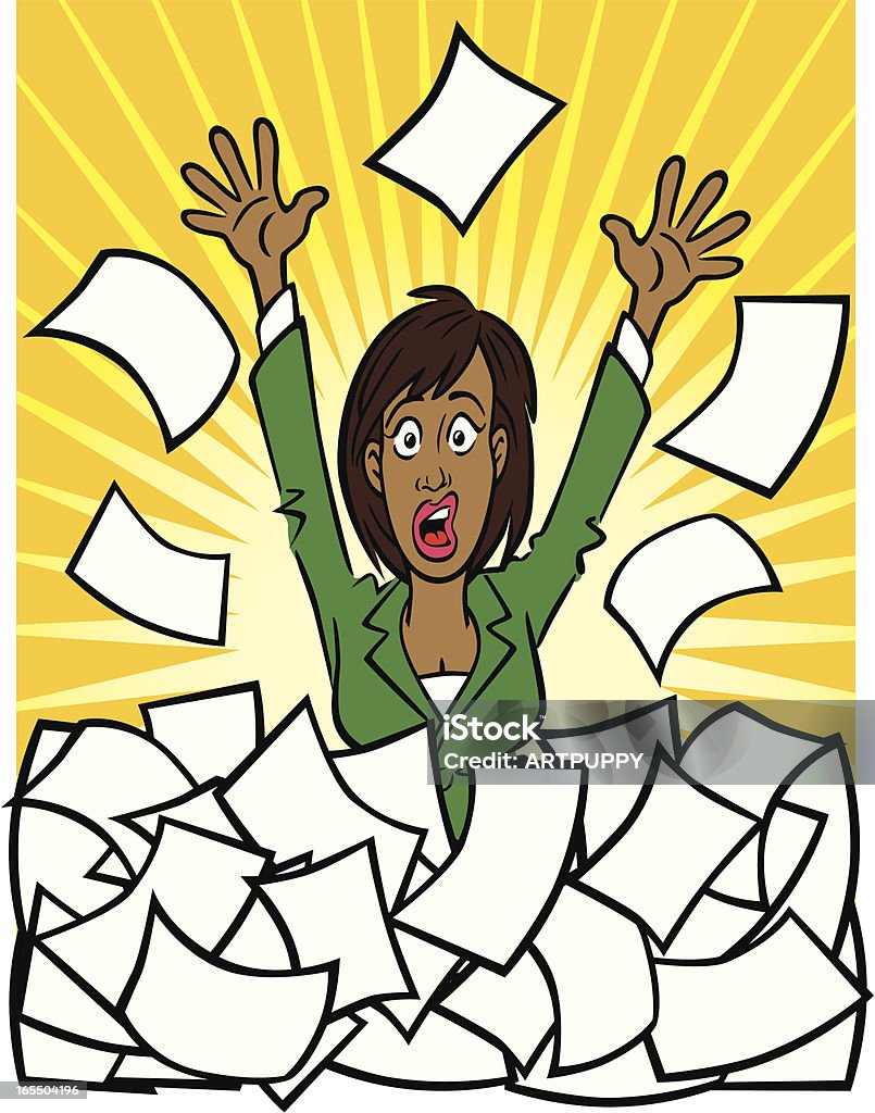 African Amercian Woman and Paperwork "Great illustration of an African American business woman stuck with paperwork. Perfect for use in a business or taxes illustration. EPS and JPEG files included. Be sure to view my other business illustrations, thanks!" Adult stock vector