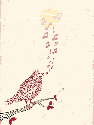 The Bird is singing a song.Objects are grouped in separate layers (Leafs, Bird_Music, Treble clef, Bird_line, Branch, Grunge, Cloud, Sun, Sky). CMYK Color Mode. *The zipped folder contains CS file.