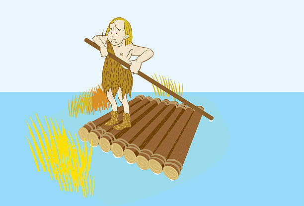 caveman raft vector art illustration