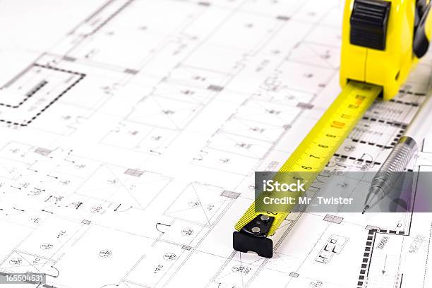 Tape And Blueprint Stock Photo - Download Image Now - Architecture, Blueprint, Close-up