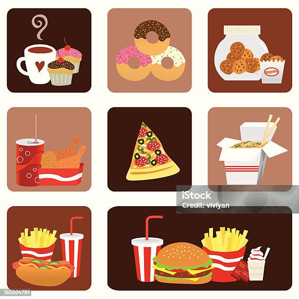 Conjunto De Ícones De Fast Food - Arte vetorial de stock e mais imagens de Alimentação Não-saudável - Alimentação Não-saudável, Almoço, Batata Frita - Lanche