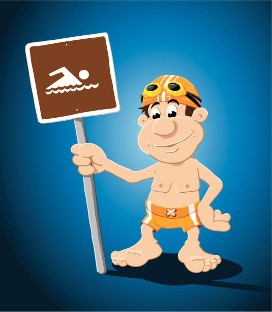 Swimmer Cartoon Man Swimming Sign "Vector Illustration of a swimmer, who is holding a swimming sign. The background is on a separate layer, so you can use the illustration on your own background. The colors in the .eps-file are ready for print (CMYK). Included files: EPS (v8) and Hi-Res JPG." cartoon of a swimming goggles stock illustrations