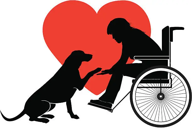 Vector illustration of Silhouette of dog extending paw to a person in a wheelchair