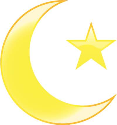 A shiny crescent moon and star. Islam icon.
