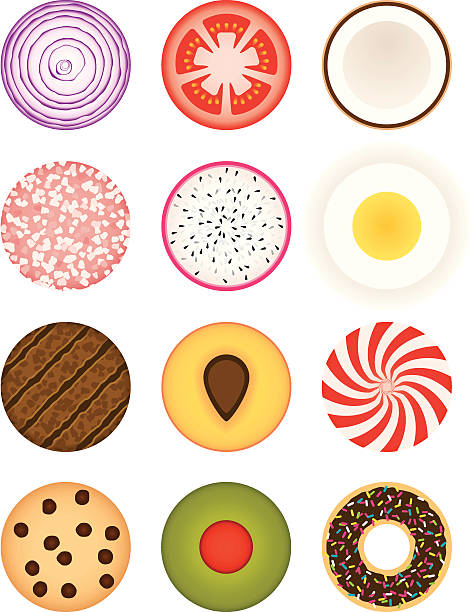 Circular Food Food cross-sections and top-side views tomato slice stock illustrations