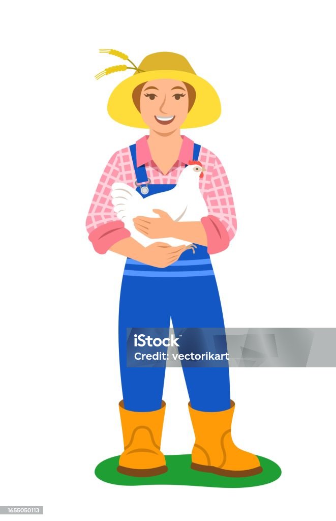 Happy smiling farmer woman holds chicken in hands Happy smiling farmer woman carefully holds white chicken in her hands. Small local farm owner. Cute village girl. Eco farming concept. Simple flat illustration. Cartoon character, isolated on white Adult stock vector Happy smiling farmer woman holds chicken in hands Happy smiling farmer woman carefully holds white chicken in her hands. Small local farm owner. Cute village girl. Eco farming concept. Simple flat illustration. Cartoon character, isolated on white Adult stock vector