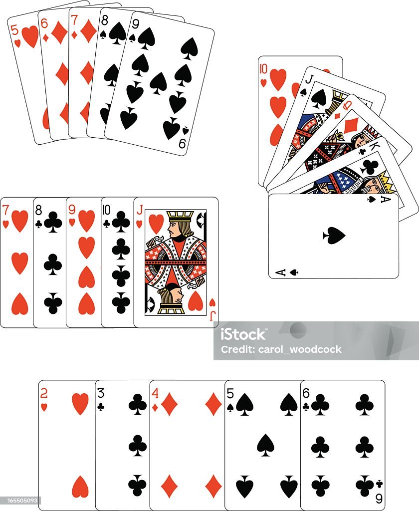 Poker Straights Playing Cards Playing cards arranged to show some examples of a 'Straight' in Poker. Hand of Cards stock vector