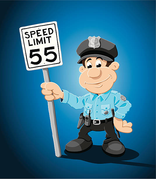 Cartoon Police Officer Speed Limit Traffic Sign "Vector Illustration of a police officer, who is holding a speed limit road sign. The background is on a separate layer, so you can use the illustration on your own background. The colors in the .eps-file are ready for print (CMYK). Included files: EPS (v8) and Hi-Res JPG." traffic police stock illustrations