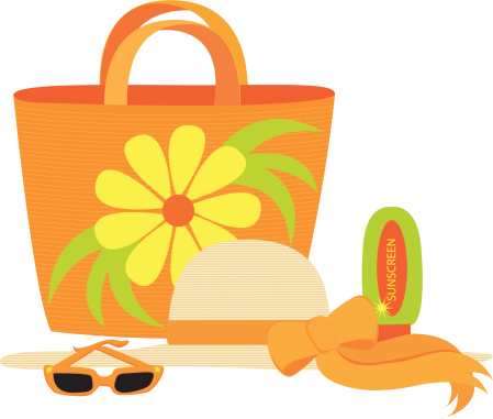 A colorful image of a collection of beachwear and beach necessities. Extra large JPG, thumbnail JPG, and Illustrator 8 compatible EPS are included.