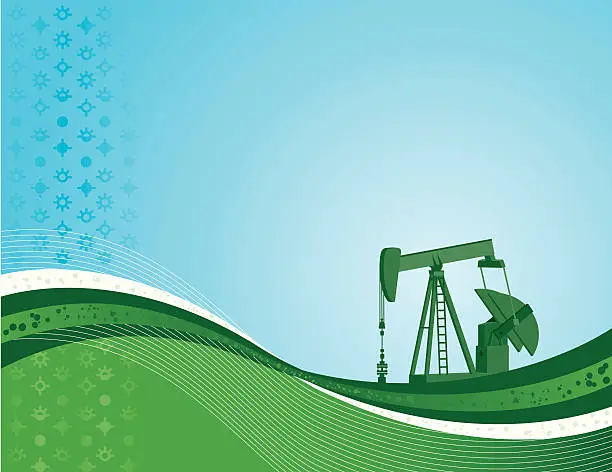 Vector illustration of Pumpjack background in blue and green