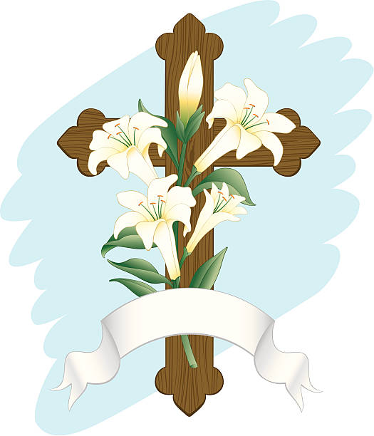 Drewniany Krzyż z Wielkanoc lillies – artystyczna grafika wektorowa