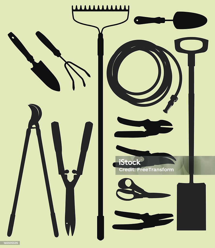 Garden Tools Silhouettes of garden tools. Back Lit stock vector