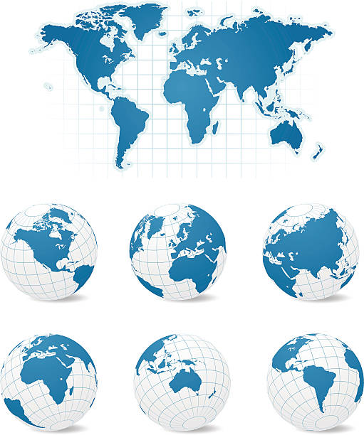 A map of Earth and six different globe views vector art illustration
