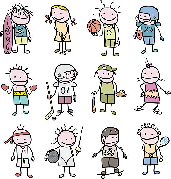 Stickfigure Children and Sports Stick figure inspired children in different sport characters; Surfer, Golfer, Basketball player, American football player, Boxer, Hockey player, Baseball player, Figure skating, Martial arts, Fencing, Skateboarder, tennis player. extreme skateboarding stock illustrations
