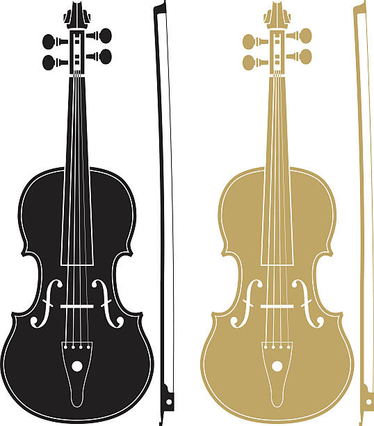 One black and one gold violin with matching bows vector art illustration