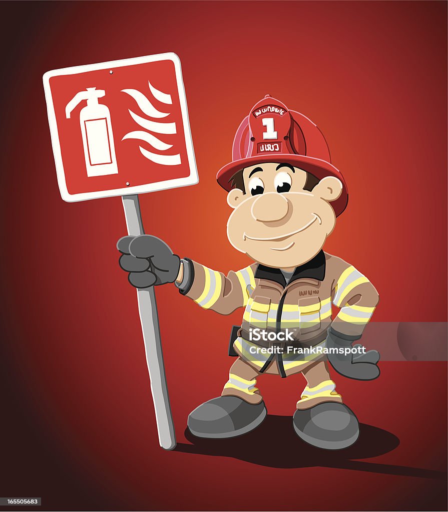 Cartoon Firefighter Extinguisher Sign "Vector Illustration of a firefighter, who is holding a fire extinguisher sign. The background is on a separate layer, so you can use the illustration on your own background. The colors in the .eps-file are ready for print (CMYK). Included files: EPS (v8) and Hi-Res JPG." Firefighter's Helmet stock vector