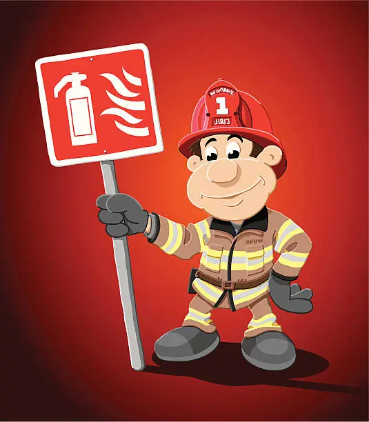 Vector illustration of Cartoon Firefighter Extinguisher Sign