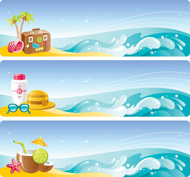Beach vacation banners set Colorful beach vacation banners set with copyspace. Zip contains CDR-11, AI CS. tropical clipart stock illustrations
