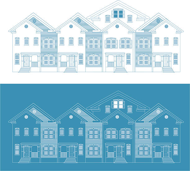 Row of Townhouses. Blueprint Version vector art illustration
