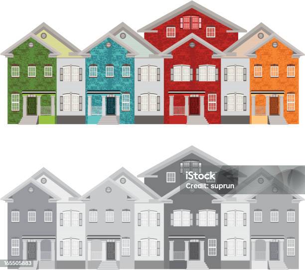 Linha De Townhouses Colorido - Arte vetorial de stock e mais imagens de Residência na Cidade - Residência na Cidade, Colorido, Ao Ar Livre