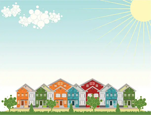 Vector illustration of Row of Colorful Townhouses. Outdoow Setting