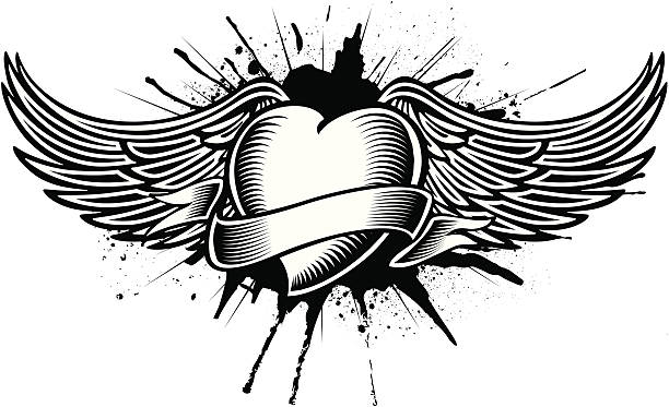 ilustraciones, imágenes clip art, dibujos animados e iconos de stock de corazón con alas tatoo - tattoo heart shape love ribbon