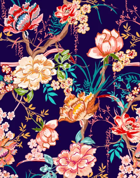 Vector illustration of Colorful asian style floral pattern. Floral tapestry pattern with traditional style, perfect design for decoration.