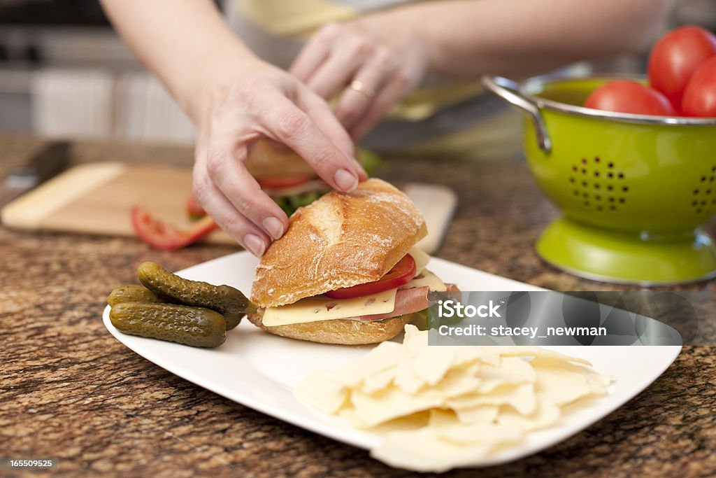 Healthy, Typical Lunch Foods, Real Kitchen Healthy typical deli sandwich and fresh foods in real kitchen setting. Delicatessen Stock Photo