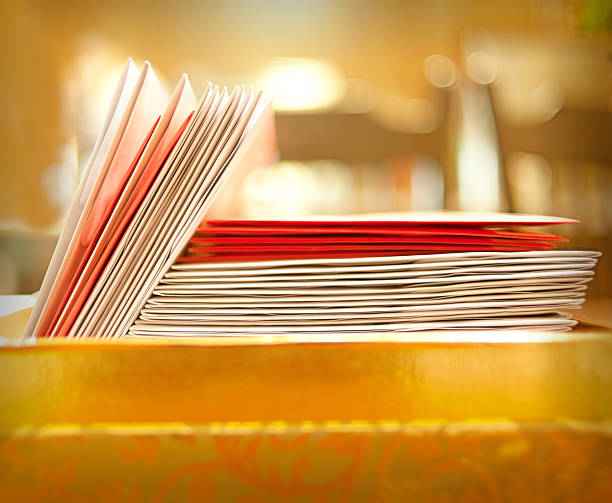 Red and white Christmas cards stacked