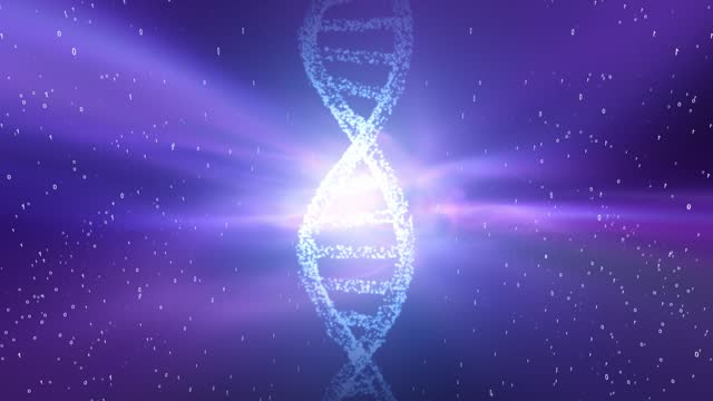 Glowing DNA chain science background with cosmic purple blue light and binary code numbers animation background.