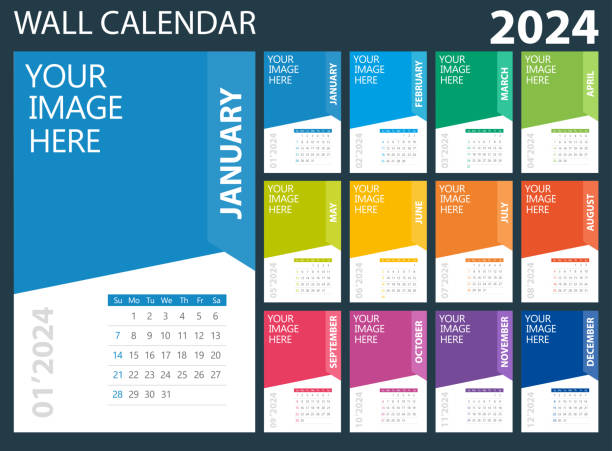 2024 schreibtisch-wandkalender. die woche beginnt am sonntag - calendar february desk computer stock-grafiken, -clipart, -cartoons und -symbole