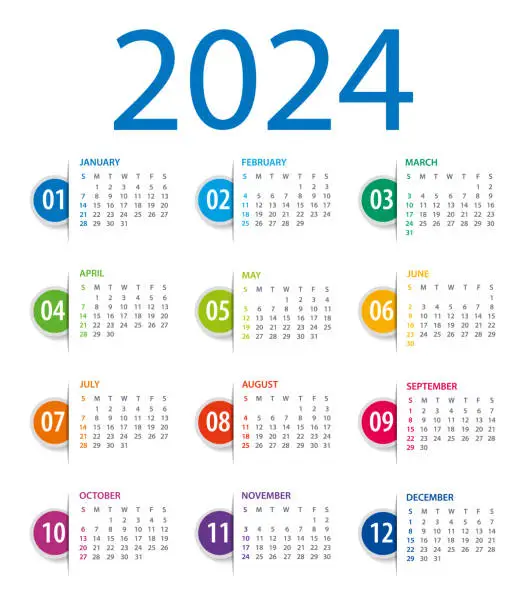 Vector illustration of Calendar Template 2024. Tag bookmarks. Week statrs on Sunday