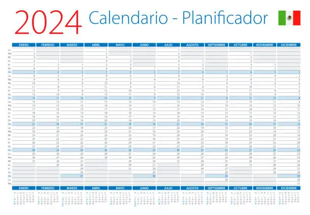 Vector illustration of 2024 Calendar Planner Mexico and Latin America. Vector illustration. Spanish language