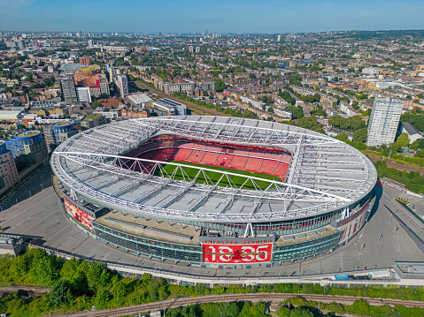 London. United Kingdom. Aerial image of The Emirates Stadium. Arsenal Football Club. 16th August 2023