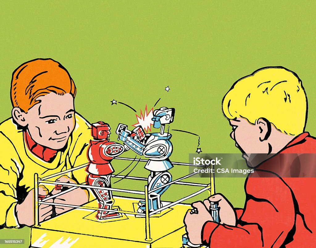 Garçon jouant avec des Robots de boxe - Illustration de Robot libre de droits