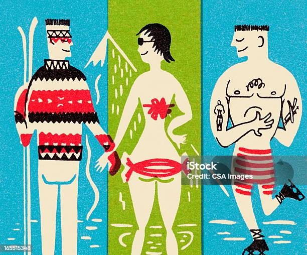 2 人の男性に女性を見せる - スキーのベクターアート素材や画像を多数ご用意 - スキー, スキー板, 3人