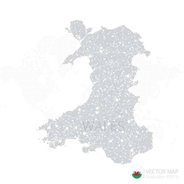 白い背景に抽象的なメッシュ線とポイントスケールを持つウェールズのグレイマップ - wales cardiff map welsh flag点のイラスト素材／クリップアート素材／マンガ素材／アイコン素材