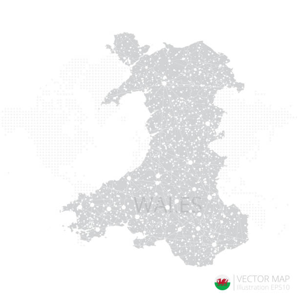 ilustrações de stock, clip art, desenhos animados e ícones de wales grey map isolated on white background with abstract mesh line and point scales - wales cardiff map welsh flag