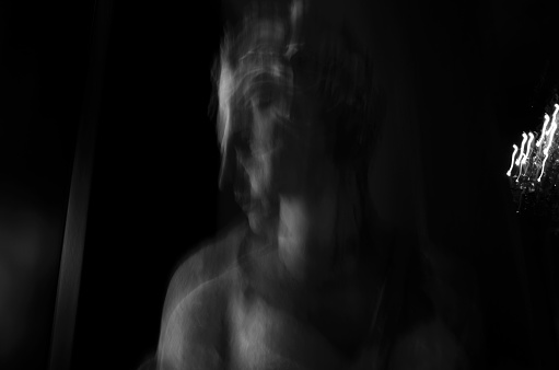 Portrait of an ancient Greek goddess from the ancient period. Motion blur in black and white