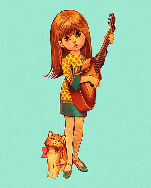 ilustraciones, imágenes clip art, dibujos animados e iconos de stock de niña tocando la guitarra - green background color image people animal