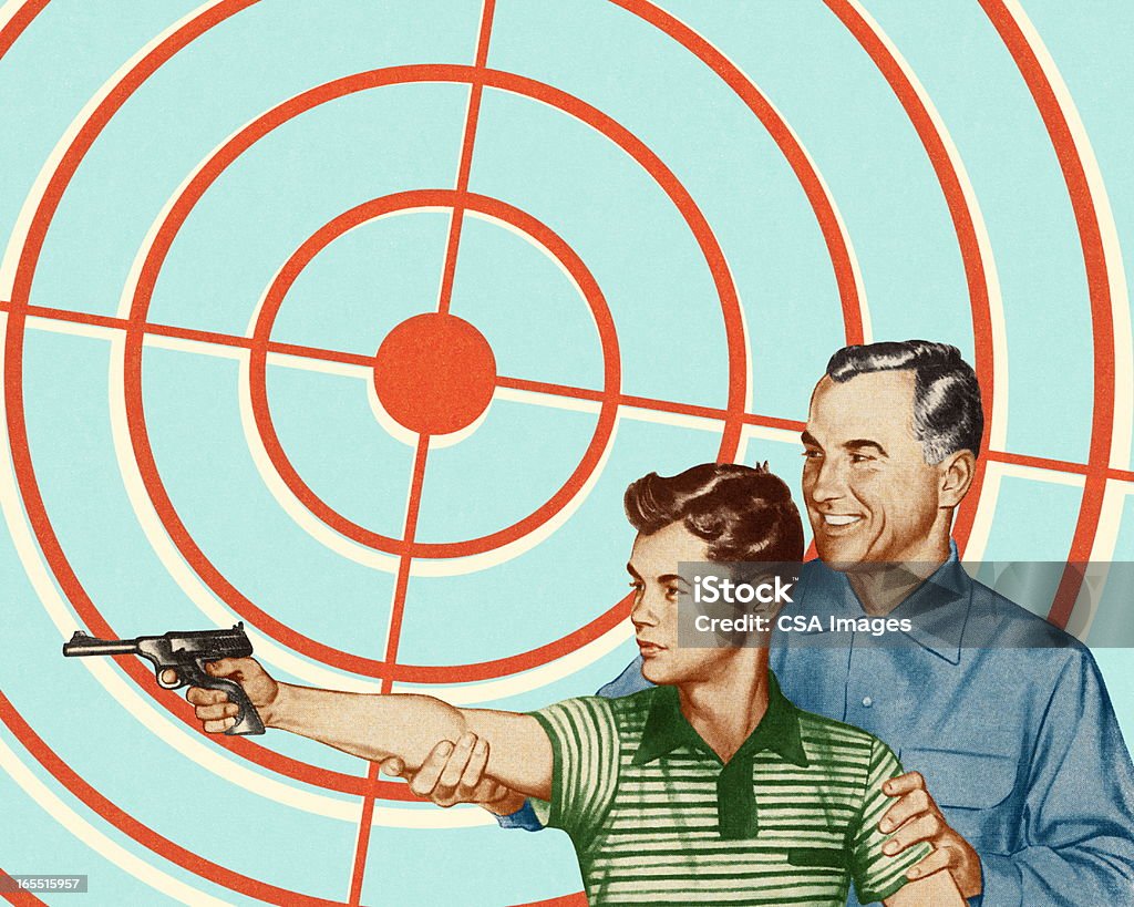Mężczyzna i chłopiec Strzelanie pistolet - Zbiór ilustracji royalty-free (Rodzina)