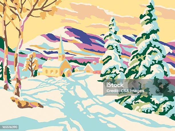 Malowanie Po Numerach Zimowy Krajobraz - Stockowe grafiki wektorowe i więcej obrazów Kościół - Kościół, Zima, Śnieg
