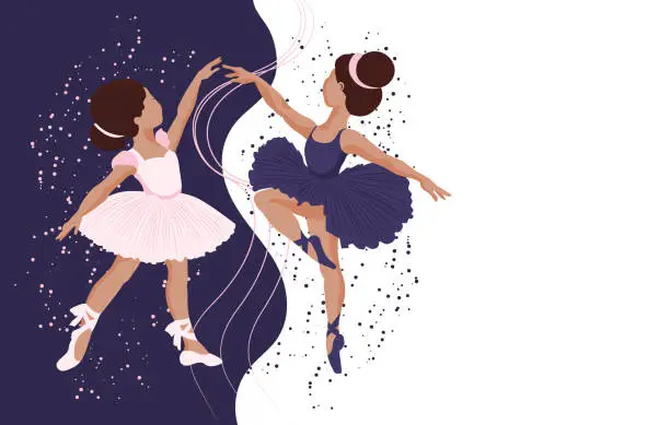 Vector illustration of A pair of dancing girls ballerinas in dresses and pointe shoes on a floral background.