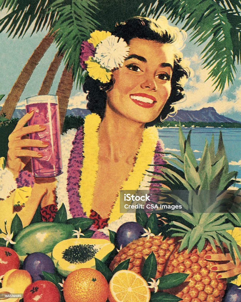 Mujer sonriendo y frutas tropicales - Ilustración de stock de Anticuado libre de derechos