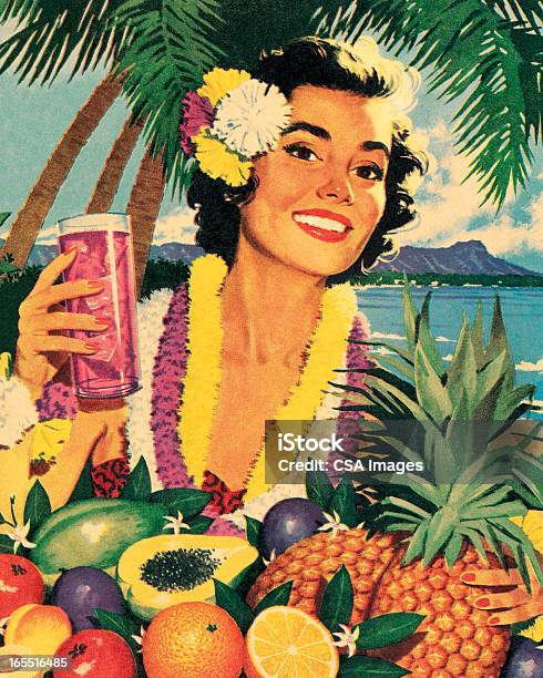 Ilustración de Mujer Sonriendo Y Frutas Tropicales y más Vectores Libres de Derechos de Anticuado - Anticuado, Ilustración, Islas de Hawái