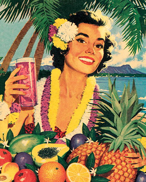 illustrazioni stock, clip art, cartoni animati e icone di tendenza di donna sorridente e frutta tropicale - hawaiian food