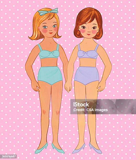 두 걸스 편하고 자신의 속옷 2명에 대한 스톡 벡터 아트 및 기타 이미지 - 2명, 분홍색 배경, 브래지어