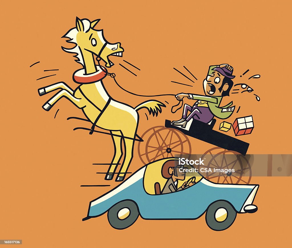 Cheval et calèche près d'une voiture - Illustration de Voiture libre de droits