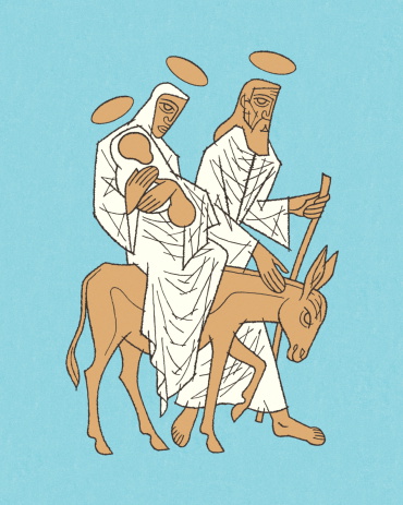 Mary Riding on a Donkey with Jesus and Joseph