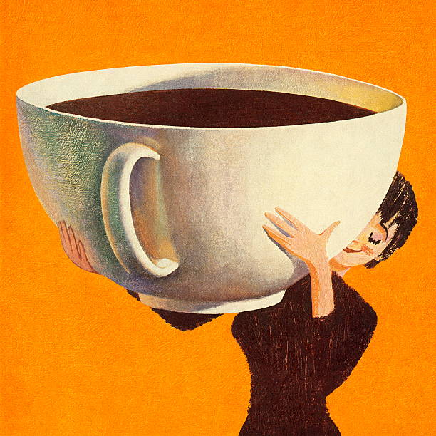 woman holding a huge cup of coffee - ağır illüstrasyonlar stock illustrations